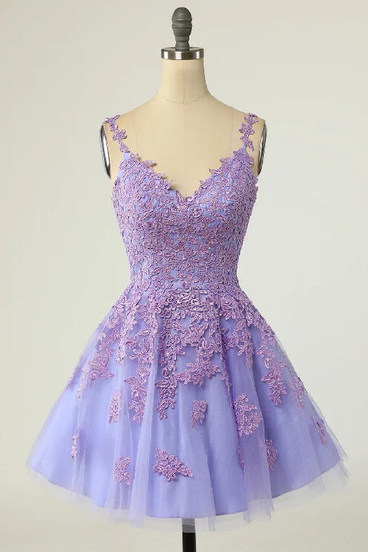 A-line Dresses for Flattering -A Line Spaghetti Straps Purple Short Homecoming Dress