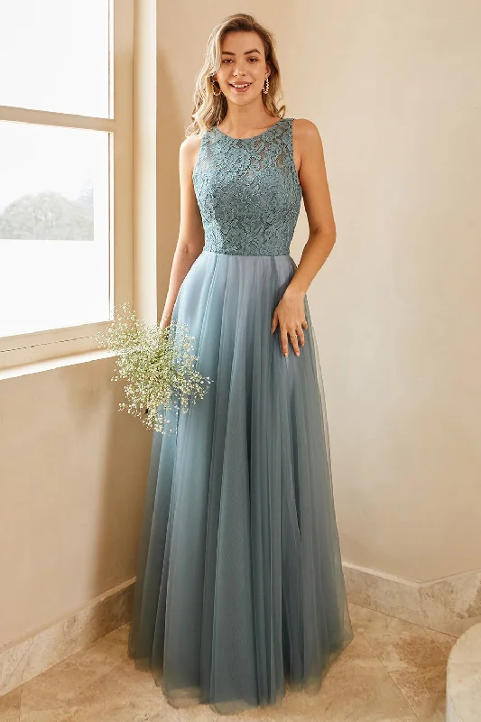 Low-waisted Dresses for Relaxed -Grey Blue Tulle Bridesmaid Dress with Lace