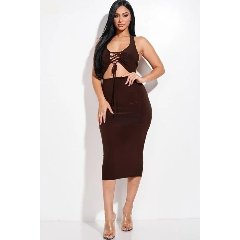 Strapless Dresses for Glamorous -Women's Solid Chocolate Halter Neck Criss Cross Front Cut-out Midi Dress