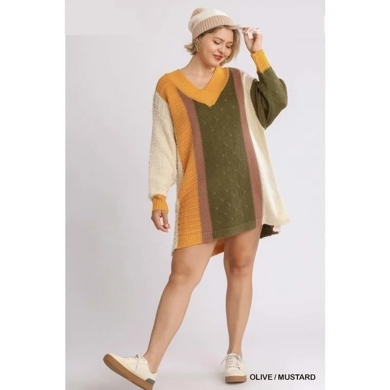 Gray Dresses for Subtle -Women's Olive Mustard V-neck Side Slit Oversized Pullover Sweater Dress