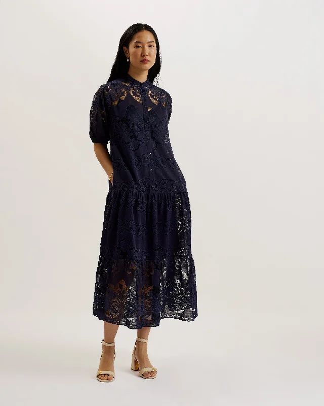 High-waisted Dresses for Flatter -Xativa Laced Midi Shirt Dress With Puff Sleeve Dk-Blue