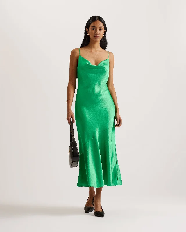 Tiered Dresses for Voluminous -Tunca Satin Cowl Neck Evening Midi Dress Green