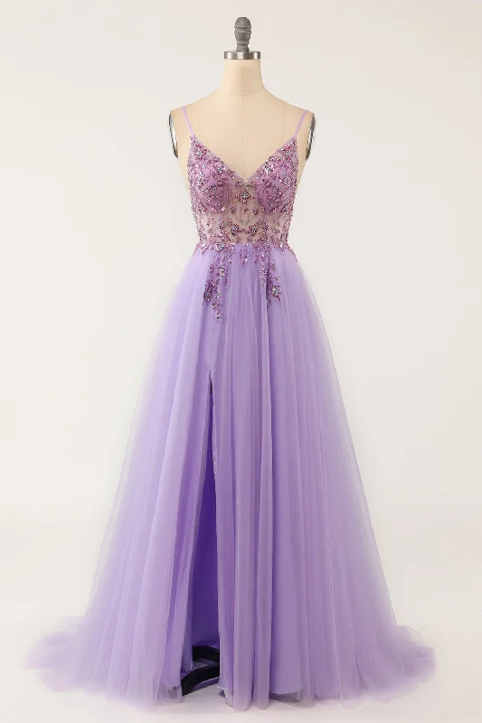 Nylon Dresses for Stretchable -Purple Beaded Tulle Long Prom Dress