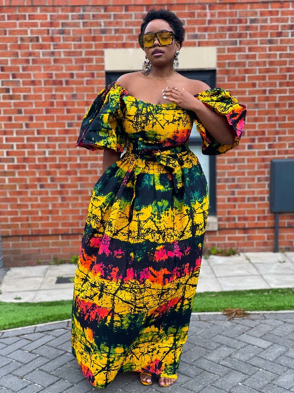 Resort Dresses for Vacation -Brenie Ankara Off Shoulder Maxi Dress | Green and Yellow Multicoloured African Print