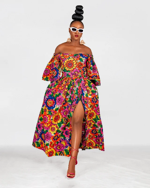 Ruffled Dresses for Girly -Naomi Ankara Off Shoulder Maxi Dress |  Multicoloured African Print