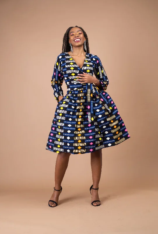 Midi Dresses for Versatile Wear -Joy Ankara Midi Dress | Yellow and Blue Multicolored African Print