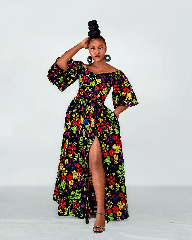 Satin Dresses for Shiny Look -Tess Ankara Off Shoulder Maxi Dress | Green and Pink Multicolored African Print