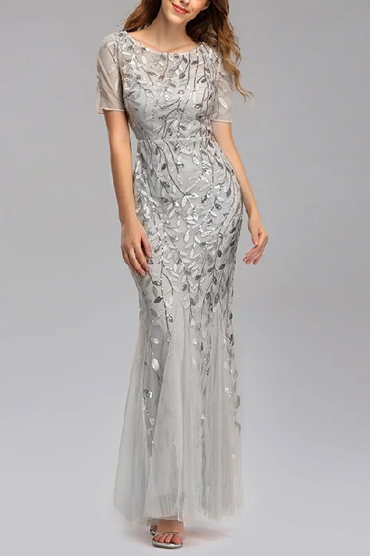 Midi Dresses for Versatile Wear -Mermaid Short Sleeves Silver Prom Dress