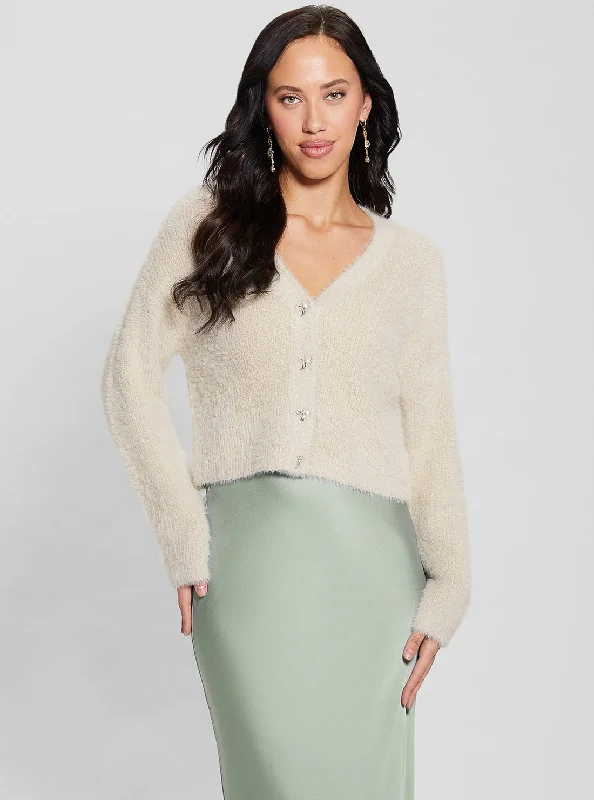 Gray - cardigan for a sophisticated and understated look -Beige Bow Button Knit Cardigan