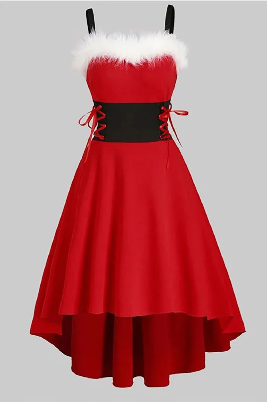 Anniversary Dresses for Special -Red Vintage Christmas Party Dress with Feather