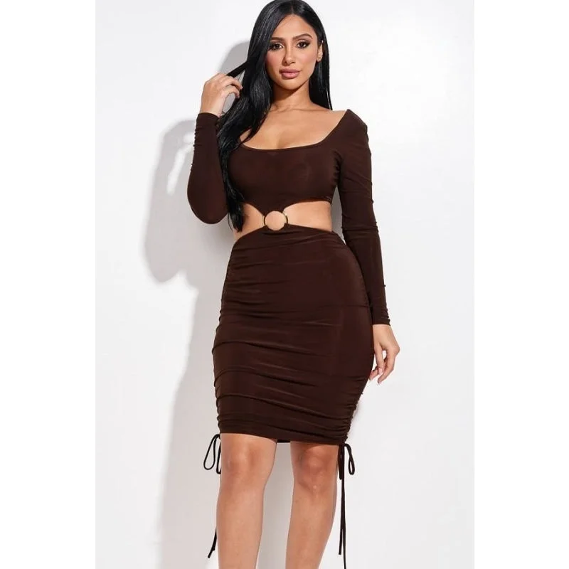 Solid Color Dresses for Simple -Women's Solid Chocolate Color Long Sleeves Ruched Short Dress with O Ring