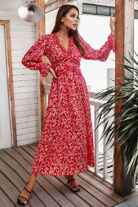 Solid Color Dresses for Simple -Red Floral Print Casual Dress