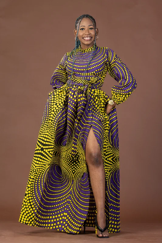 White Dresses for Pure Look -Remy Ankara Maxi Dress | Yellow and Purple African Print