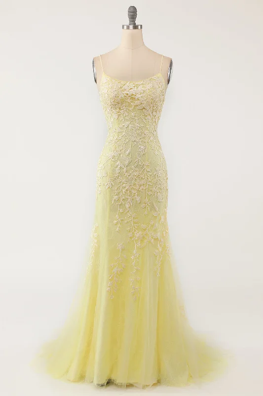 Elastic Dresses for Fit -Yellow Mermaid Long Prom Dress with Appliques