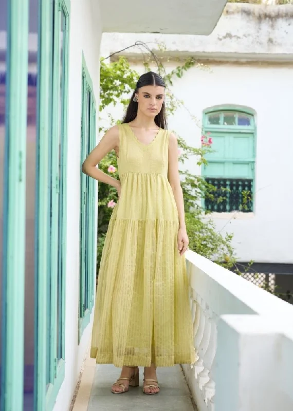 Khaki Dresses for Casual -Yellow Heer Tier  Maxi Dress