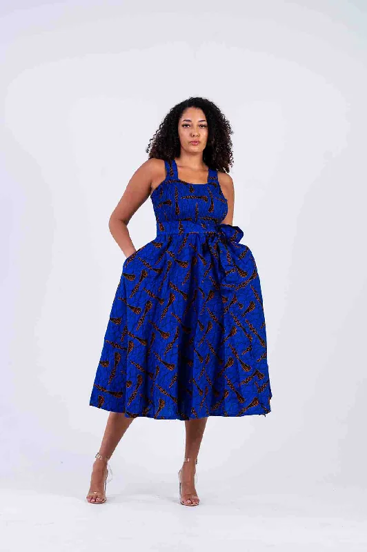 Ruffled Dresses for Girly -Brianna Ankara Midi Dress | Blue African Print