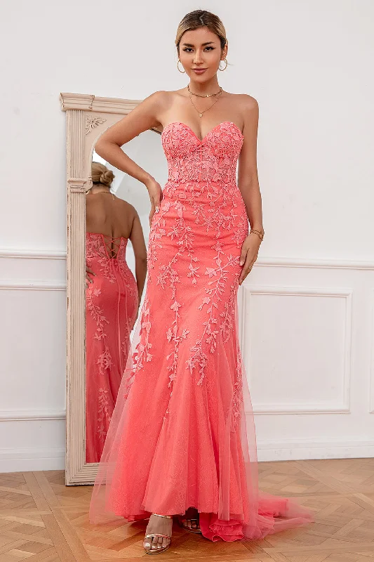 Low-waisted Dresses for Relaxed -Coral Applique Tulle Prom Dress