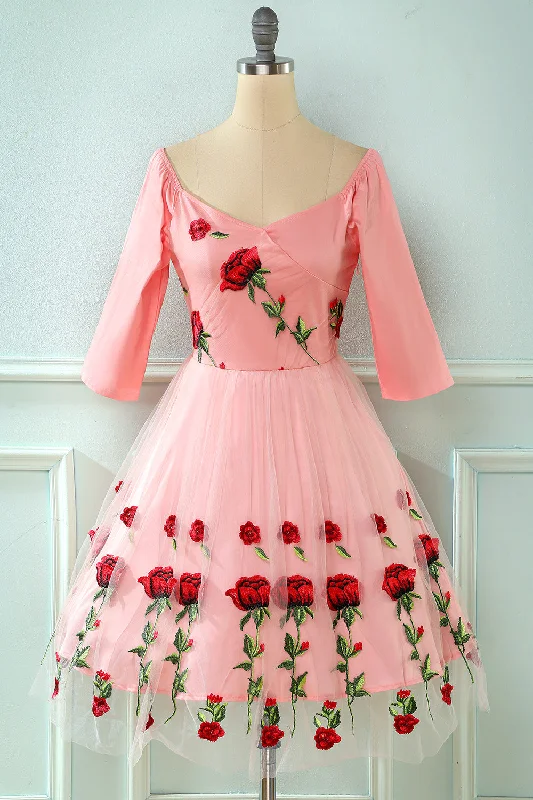 Embroidered Dresses for Detailed -Embroidered Rose Lace Mesh Vintage Dress