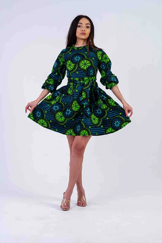 High-waisted Dresses for Flatter -Ola Mini Dress | Green African Print