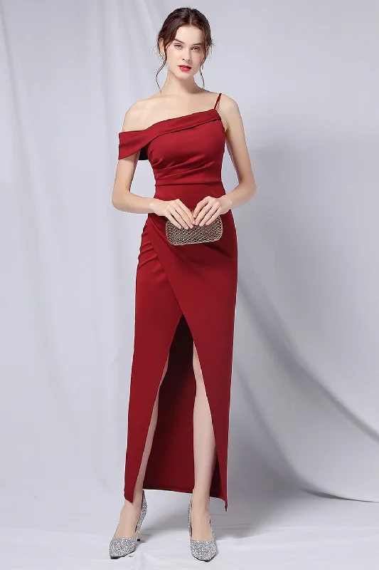 Punk Dresses with Spikes -Burgundy One Shoulder Prom Dress with Slit