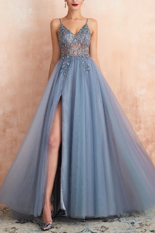 Bridesmaid Dresses for Ceremony -Blue A Line Spaghetti Straps Slit Tulle Prom Dress with Slit