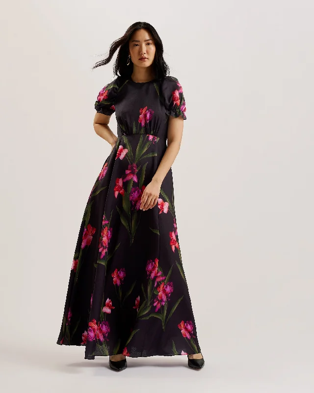 Party Dresses for Celebration -Loceie Puff Sleeve Printed Maxi Dress Black