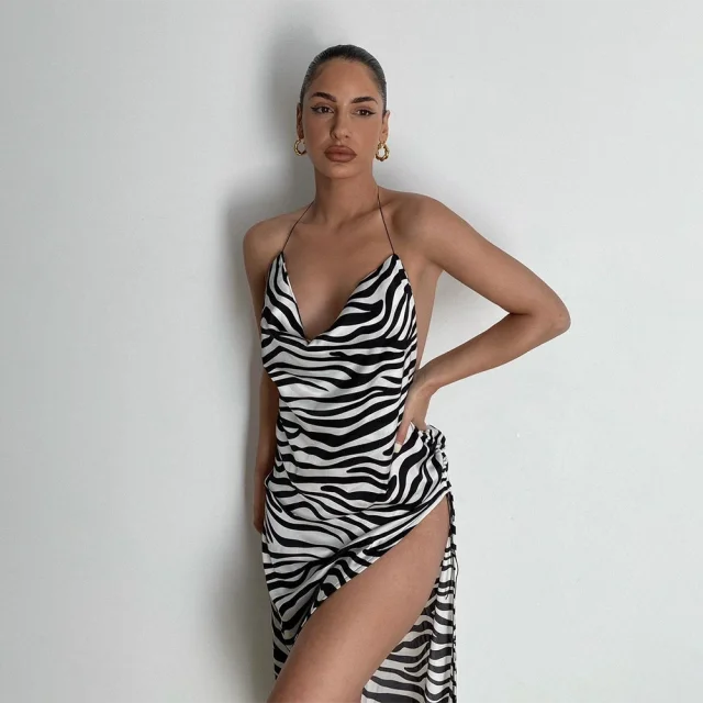 Pink Dresses for Feminine -Summer Women's Zebra Pattern Spaghetti Strap A-Line Backless Party Dress