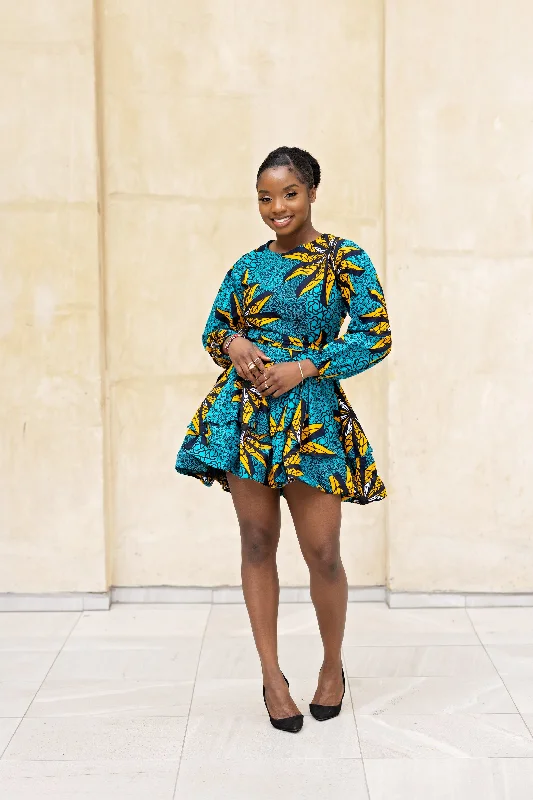 Sequined Dresses for Sparkle -Anita Ankara Mini Dress | Teal and Yellow African Print