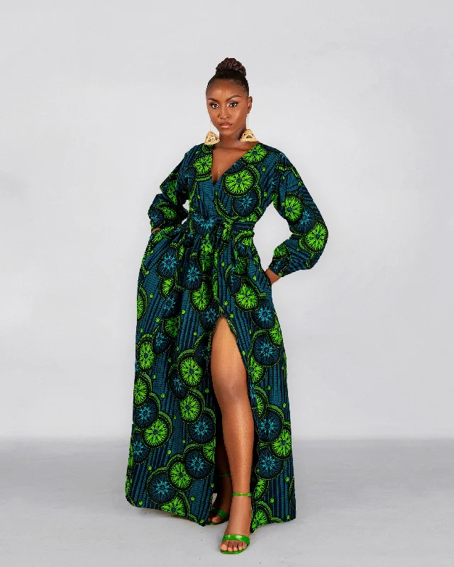 Flared Dresses for Retro -Bibi Ankara Maxi Dress | Green African Print