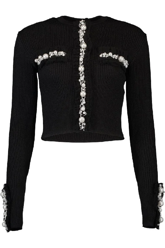 Round - neck cardigan for a cute appearance -Pearl Embroidered Crop Cardigan