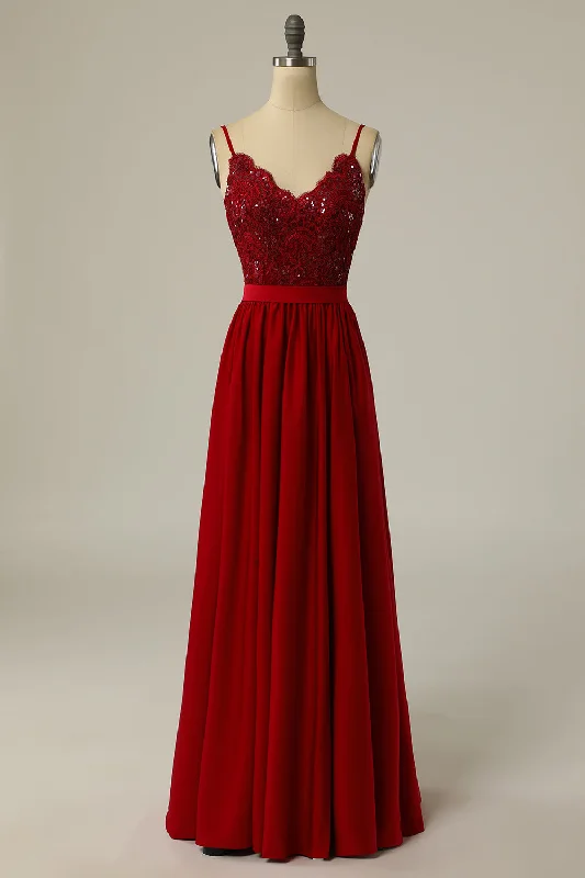 Silk Dresses for Luxurious -Burgundy Long Prom Dress with Beading Lace