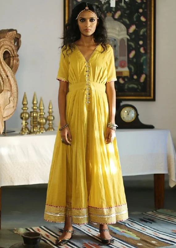 Punk Dresses with Spikes -Ornamental yellow maxi dress