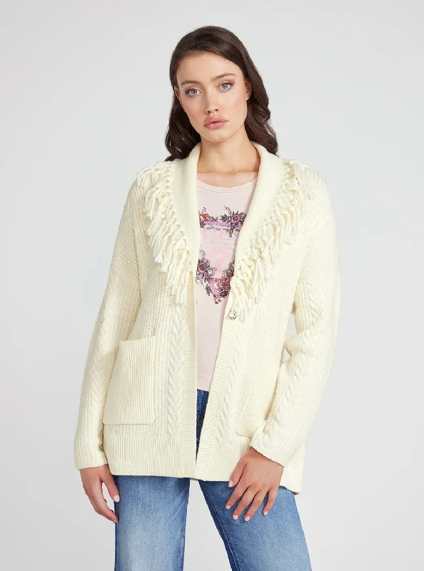 Women's cashmere cardigan for warmth -Cream White Long Sleeve Cardigan