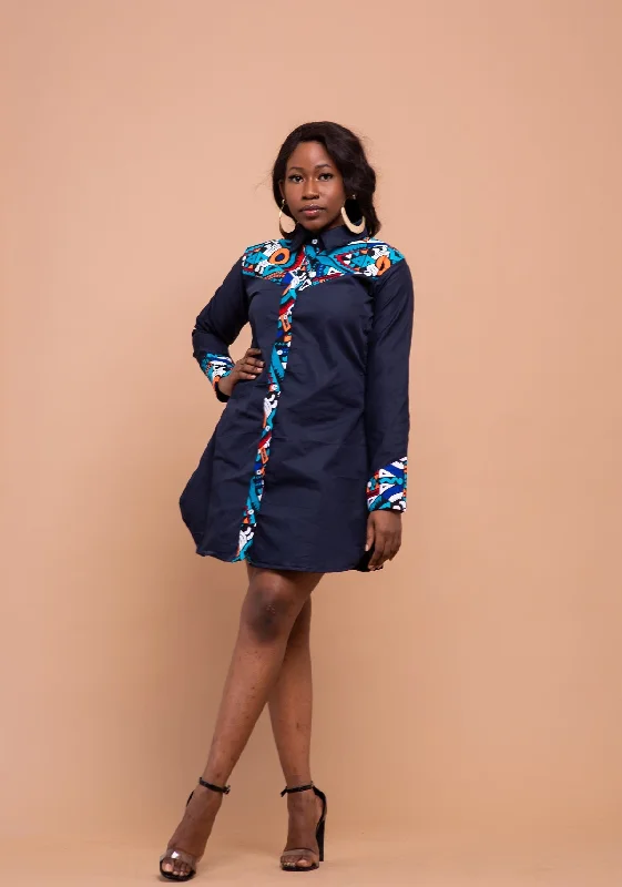 One-shoulder Dresses for Trendy -Dakota Button Down Shirt Dress | Navy Blue and  Ankara African Print