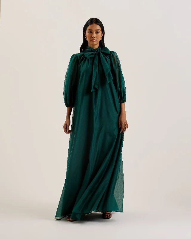 Gray Dresses for Subtle -Adaifi Sheer Organza Tie Neck Maxi Dress Dk-Green