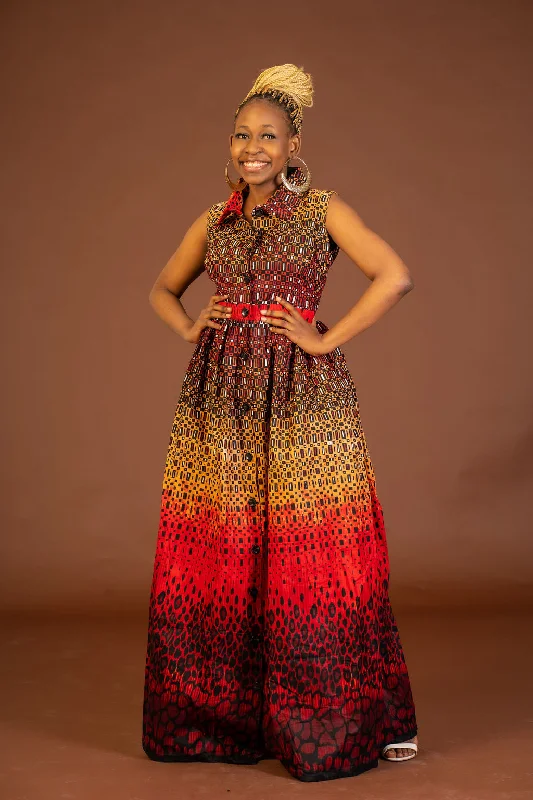 Satin Dresses for Shiny Look -Awah Ankara Maxi Dress | Red and Yellow African Print