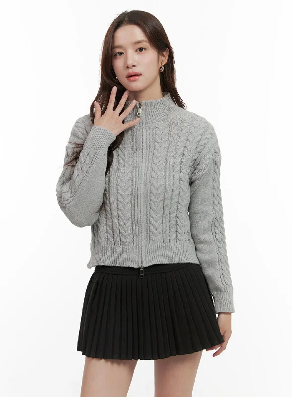 Formal - event cardigan for an elegant presence -Cable Knit Zip-Up Crop Cardigan OO421