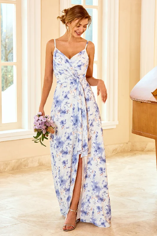 Spandex Dresses for Flexible -Spaghetti Straps Blue Floral Print Bridesmaid Dress