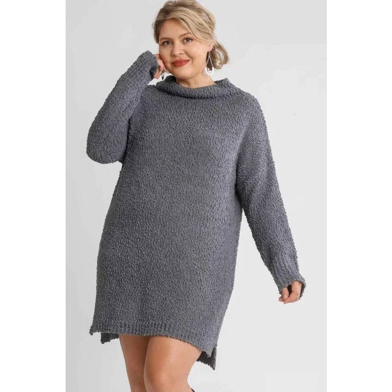 Purple Dresses for Royalty -Women's Charcoal High Cowl Neck Bouclé Long Sleeves Sweater Dress