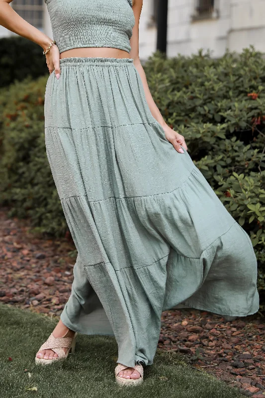 Pleated skirts for sophisticated evening wear -Goddess Vibes Light Olive Tiered Maxi Skirt - DU DEAL