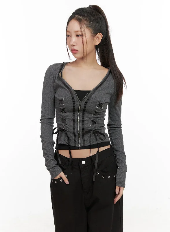 Bohemian - style cardigan for a free - spirited look -Eyelet Lace-Up Long Sleeve Cardigan CD416