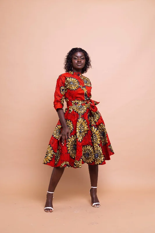 Anniversary Dresses for Special -Ella Ankara Button Down Shirt Dress | Red African Print