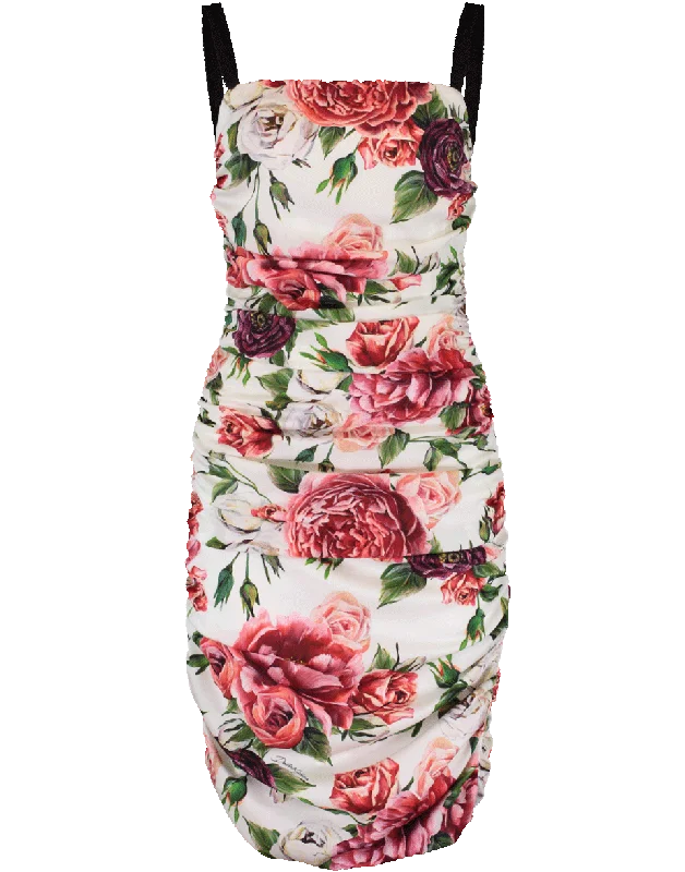 Polyester Dresses for Durable -Rose Print Ruched Dress