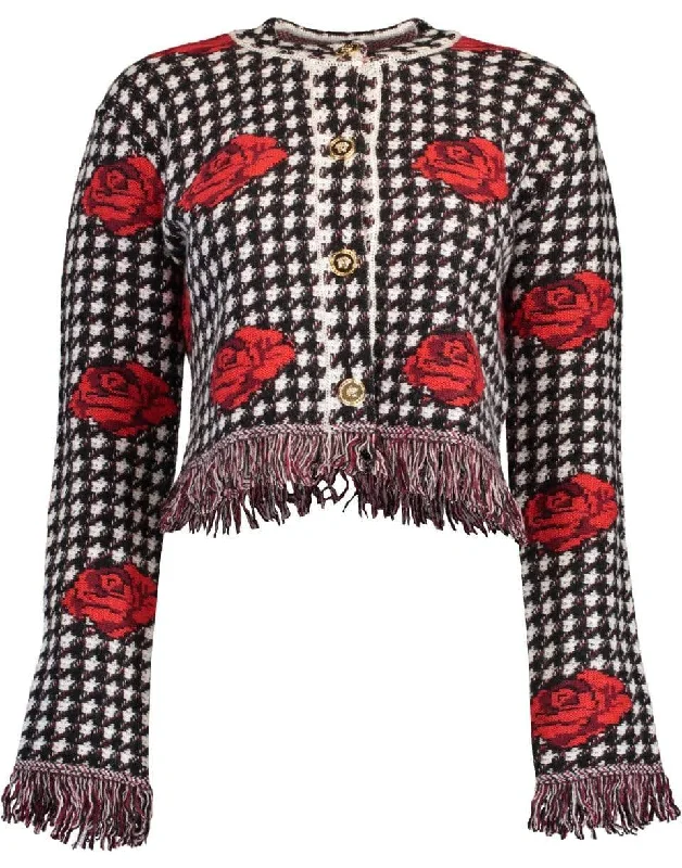 Birthday - party cardigan for a festive look -Embroidered Roses Wool Cardigan