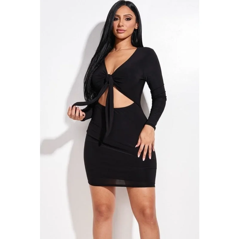 Off-shoulder Dresses for Feminine -Sexy Fashion Women's Solid Black Color Long Sleeves Front Tie Mini Dress