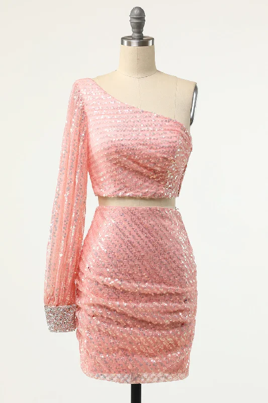 Studded Dresses for Statement -Blush One Shoulder Sequin Cocktail Dress