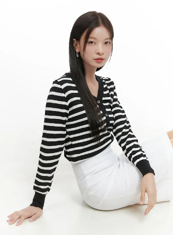 Knee - length cardigan for an elegant look -Stripe Knit Cardigan OG419