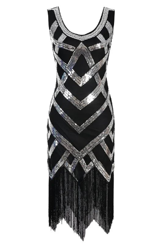 Maxi Dresses for Elegant Style -Silver Sequins 1920s Fringe Flapper Dress