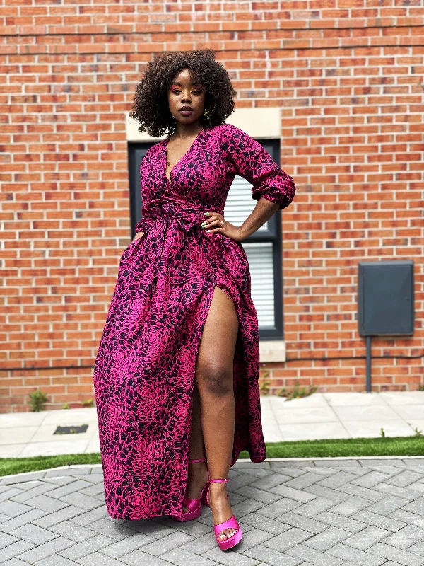 Formal Dresses for Occasions -Aurelia Ankara Maxi Dress | Pink and Black African Print