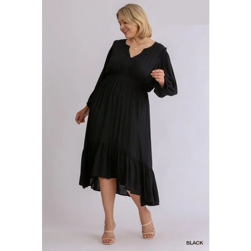 Silk Dresses for Luxurious -Women's Black Split Neck Button Front Dolman Sleeves High Low Dress